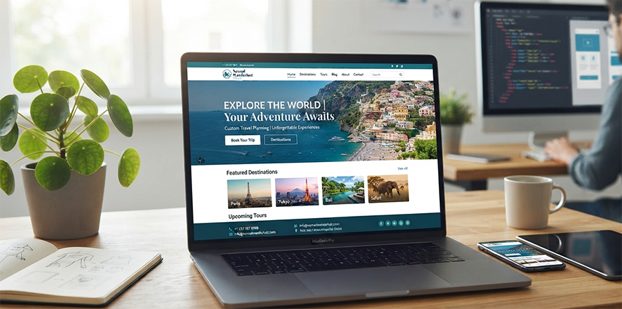 Travel agency website design mockup on laptop and mobile screen